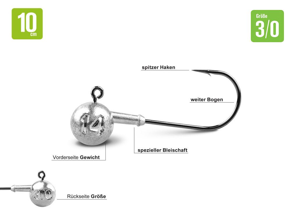Spitze Haken Jigkopf-Set 3/0 - Lieblingsköder 10 cm - 16 Jigköpfe + 20 Snaps
