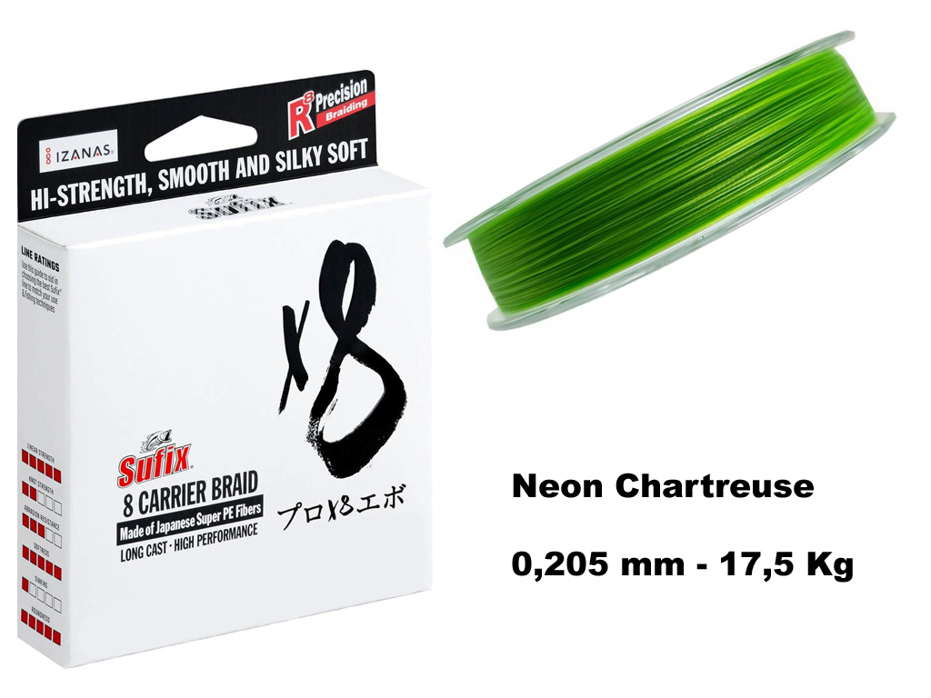 SUFIX 8 Carrier Braid - 150 m Spule - Neon Chartreuse  0,205 mm - 17,5 Kg