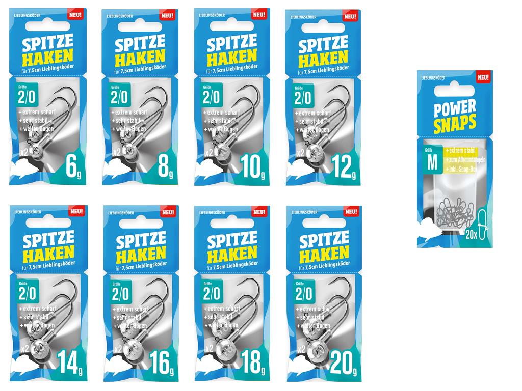 Spitze Haken Jigkopf-Set 2/0 - Lieblingsköder 7,5 cm - 16 Jigköpfe + 20 Snaps